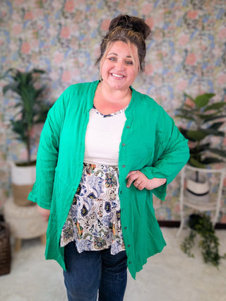 Juliet Tie Front Button Down Top in Green-4- Overlayer Tops-Davi and Dani-Styled by Stacked - A Plus Size Women's Boutique in Lakeville, MN