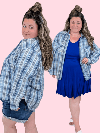 2- Long Sleeve Tops June Lightweight Plaid Buttondown Top in Blue plus size clothing