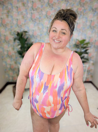 ***Kai Sunset Painted One Piece Swimsuit w/Ruched Sides-SWIMWEAR-WHITE BIRCH-Styled by Stacked - A Plus Size Women's Boutique in Lakeville, MN