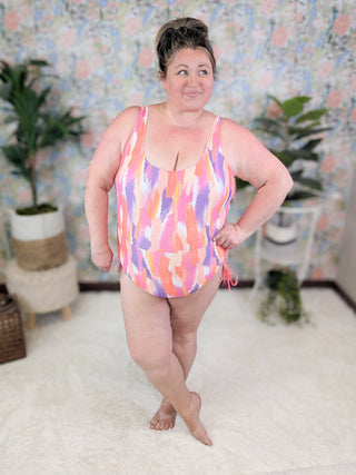 ***Kai Sunset Painted One Piece Swimsuit w/Ruched Sides-SWIMWEAR-WHITE BIRCH-Styled by Stacked - A Plus Size Women's Boutique in Lakeville, MN