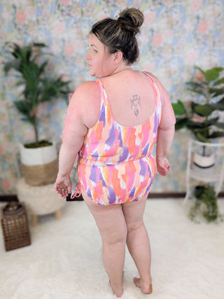 ***Kai Sunset Painted One Piece Swimsuit w/Ruched Sides-SWIMWEAR-WHITE BIRCH-Styled by Stacked - A Plus Size Women's Boutique in Lakeville, MN