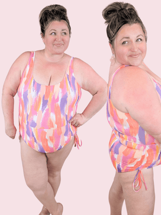 ***Kai Sunset Painted One Piece Swimsuit w/Ruched Sides-SWIMWEAR-WHITE BIRCH-Styled by Stacked - A Plus Size Women's Boutique in Lakeville, MN