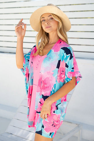 Kaitlyn Slinky Open Cardi in Bold Aqua + Pink Floral-4- Overlayer Tops-WHITE BIRCH-Styled by Stacked - A Plus Size Women's Boutique in Lakeville, MN