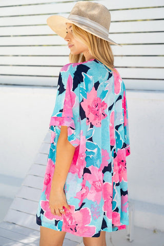 Kaitlyn Slinky Open Cardi in Bold Aqua + Pink Floral-4- Overlayer Tops-WHITE BIRCH-Styled by Stacked - A Plus Size Women's Boutique in Lakeville, MN