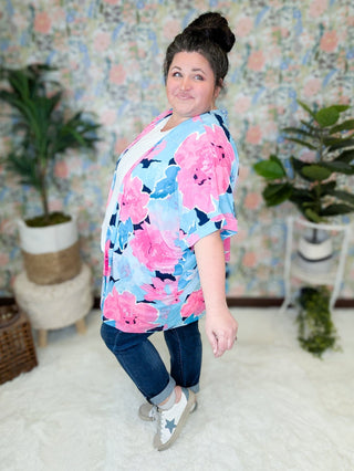 Kaitlyn Slinky Open Cardi in Bold Aqua + Pink Floral-4- Overlayer Tops-WHITE BIRCH-Styled by Stacked - A Plus Size Women's Boutique in Lakeville, MN