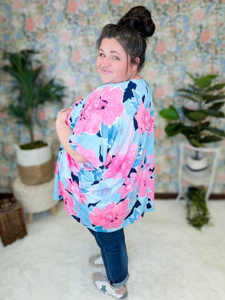 Kaitlyn Slinky Open Cardi in Bold Aqua + Pink Floral-4- Overlayer Tops-WHITE BIRCH-Styled by Stacked - A Plus Size Women's Boutique in Lakeville, MN