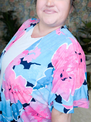 Kaitlyn Slinky Open Cardi in Bold Aqua + Pink Floral-4- Overlayer Tops-WHITE BIRCH-Styled by Stacked - A Plus Size Women's Boutique in Lakeville, MN