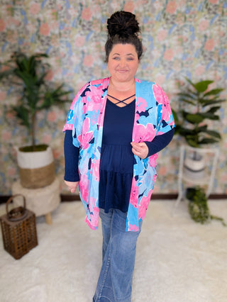Kaitlyn Slinky Open Cardi in Bold Aqua + Pink Floral-4- Overlayer Tops-WHITE BIRCH-Styled by Stacked - A Plus Size Women's Boutique in Lakeville, MN