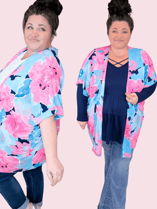 Kaitlyn Slinky Open Cardi in Bold Aqua + Pink Floral-4- Overlayer Tops-WHITE BIRCH-Styled by Stacked - A Plus Size Women's Boutique in Lakeville, MN