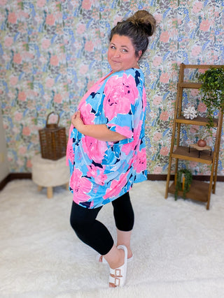 4- Overlayer Tops Kaitlyn Slinky Open Cardi in Bold Aqua + Pink Floral plus size clothing