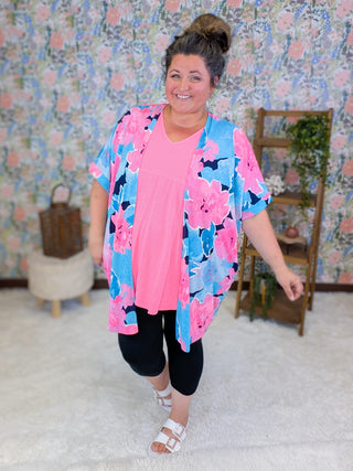 4- Overlayer Tops Kaitlyn Slinky Open Cardi in Bold Aqua + Pink Floral plus size clothing