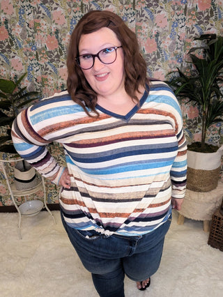 Kara Watercolor Stripe Lightweight Long Sleeve w/Twist Detail-2- Long Sleeve Tops-GEEGEE-Styled by Stacked - A Plus Size Women's Boutique in Lakeville, MN