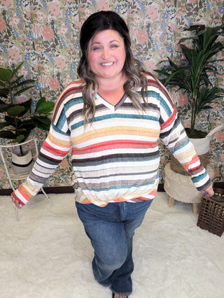 Kara Watercolor Stripe Lightweight Long Sleeve w/Twist Detail-2- Long Sleeve Tops-GEEGEE-Styled by Stacked - A Plus Size Women's Boutique in Lakeville, MN