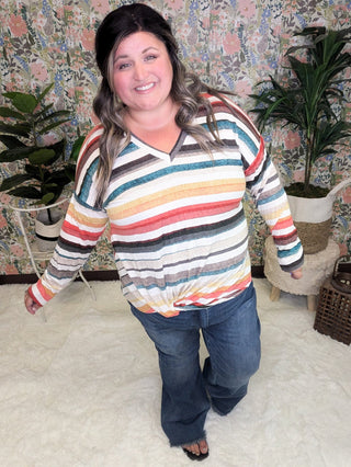 Kara Watercolor Stripe Lightweight Long Sleeve w/Twist Detail-2- Long Sleeve Tops-GEEGEE-Styled by Stacked - A Plus Size Women's Boutique in Lakeville, MN