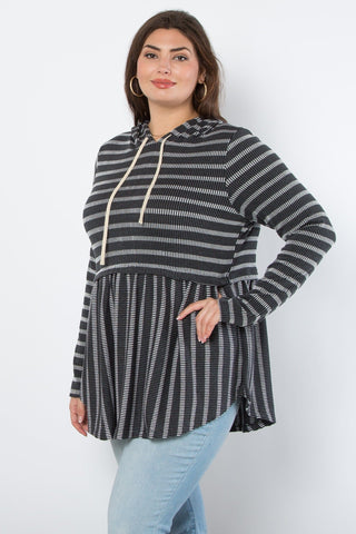 Karen Urban Rib Striped Babydoll Hoodie-2- Long Sleeve Tops-BE STAGE-Styled by Stacked - A Plus Size Women's Boutique in Lakeville, MN