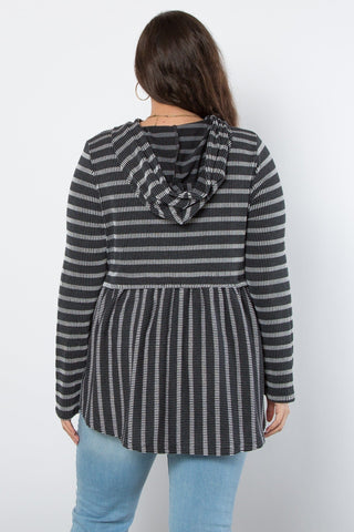 Karen Urban Rib Striped Babydoll Hoodie-2- Long Sleeve Tops-BE STAGE-Styled by Stacked - A Plus Size Women's Boutique in Lakeville, MN