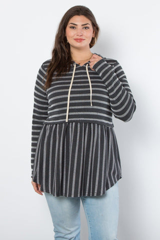 Karen Urban Rib Striped Babydoll Hoodie-2- Long Sleeve Tops-BE STAGE-Styled by Stacked - A Plus Size Women's Boutique in Lakeville, MN