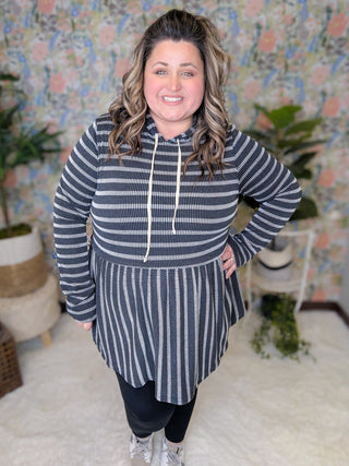Karen Urban Rib Striped Babydoll Hoodie-2- Long Sleeve Tops-BE STAGE-Styled by Stacked - A Plus Size Women's Boutique in Lakeville, MN
