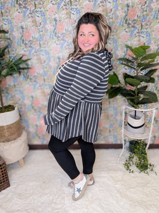 Karen Urban Rib Striped Babydoll Hoodie-2- Long Sleeve Tops-BE STAGE-Styled by Stacked - A Plus Size Women's Boutique in Lakeville, MN