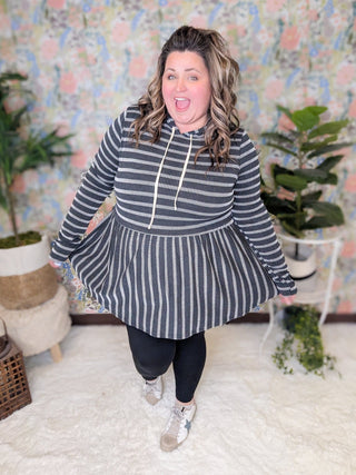 Karen Urban Rib Striped Babydoll Hoodie-2- Long Sleeve Tops-BE STAGE-Styled by Stacked - A Plus Size Women's Boutique in Lakeville, MN