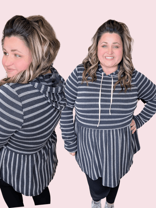 Karen Urban Rib Striped Babydoll Hoodie-2- Long Sleeve Tops-BE STAGE-Styled by Stacked - A Plus Size Women's Boutique in Lakeville, MN