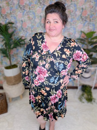 Karoline Faux Wrap Dress w/Shorts in Black Floral-11- Dress/Romp/Jump-WHITE BIRCH-Styled by Stacked - A Plus Size Women's Boutique in Lakeville, MN