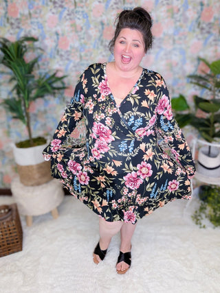 Karoline Faux Wrap Dress w/Shorts in Black Floral-11- Dress/Romp/Jump-WHITE BIRCH-Styled by Stacked - A Plus Size Women's Boutique in Lakeville, MN