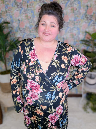 Karoline Faux Wrap Dress w/Shorts in Black Floral-11- Dress/Romp/Jump-WHITE BIRCH-Styled by Stacked - A Plus Size Women's Boutique in Lakeville, MN