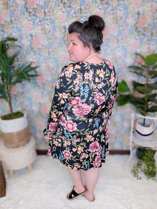 Karoline Faux Wrap Dress w/Shorts in Black Floral-11- Dress/Romp/Jump-WHITE BIRCH-Styled by Stacked - A Plus Size Women's Boutique in Lakeville, MN
