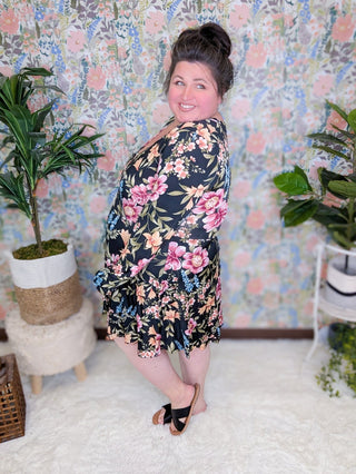 Karoline Faux Wrap Dress w/Shorts in Black Floral-11- Dress/Romp/Jump-WHITE BIRCH-Styled by Stacked - A Plus Size Women's Boutique in Lakeville, MN