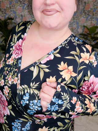 Karoline Faux Wrap Dress w/Shorts in Black Floral-11- Dress/Romp/Jump-WHITE BIRCH-Styled by Stacked - A Plus Size Women's Boutique in Lakeville, MN