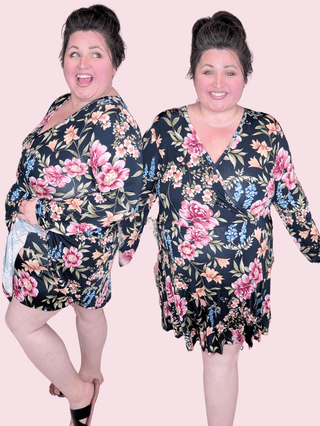 Karoline Faux Wrap Dress w/Shorts in Black Floral-11- Dress/Romp/Jump-WHITE BIRCH-Styled by Stacked - A Plus Size Women's Boutique in Lakeville, MN