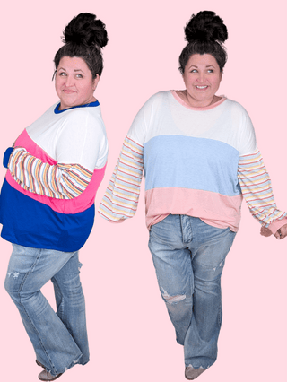 Karson Striped Sleeve Colorblock Pullover (2 colors)-2- Long Sleeve Tops-entro-Styled by Stacked - A Plus Size Women's Boutique in Lakeville, MN