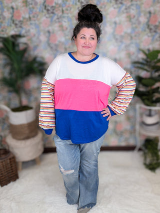 Karson Striped Sleeve Colorblock Pullover (2 colors)-2- Long Sleeve Tops-entro-Styled by Stacked - A Plus Size Women's Boutique in Lakeville, MN