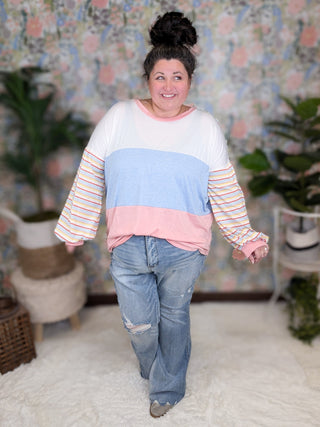 Karson Striped Sleeve Colorblock Pullover (2 colors)-2- Long Sleeve Tops-entro-Styled by Stacked - A Plus Size Women's Boutique in Lakeville, MN