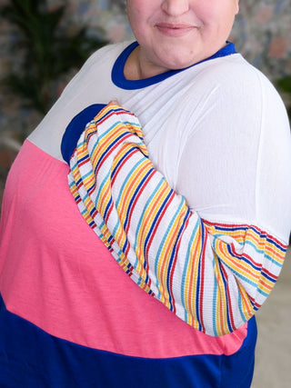 Karson Striped Sleeve Colorblock Pullover (2 colors)-2- Long Sleeve Tops-entro-Styled by Stacked - A Plus Size Women's Boutique in Lakeville, MN