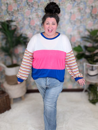 Karson Striped Sleeve Colorblock Pullover (2 colors)-2- Long Sleeve Tops-entro-Styled by Stacked - A Plus Size Women's Boutique in Lakeville, MN