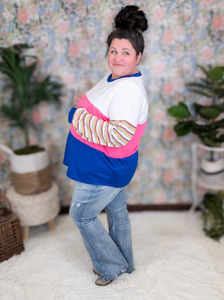 Karson Striped Sleeve Colorblock Pullover (2 colors)-2- Long Sleeve Tops-entro-Styled by Stacked - A Plus Size Women's Boutique in Lakeville, MN