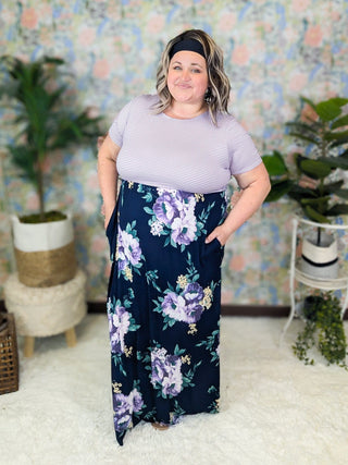 Katea Floral Maxi w/Stripe Top in Lavender & Navy-11- Dress/Romp/Jump-WHITE BIRCH-Styled by Stacked - A Plus Size Women's Boutique in Lakeville, MN