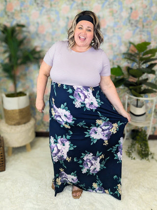 Katea Floral Maxi w/Stripe Top in Lavender & Navy-11- Dress/Romp/Jump-WHITE BIRCH-Styled by Stacked - A Plus Size Women's Boutique in Lakeville, MN