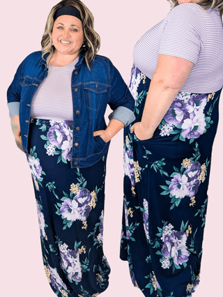Katea Floral Maxi w/Stripe Top in Lavender & Navy-11- Dress/Romp/Jump-WHITE BIRCH-Styled by Stacked - A Plus Size Women's Boutique in Lakeville, MN
