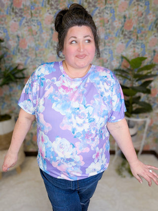 Kayla Short Sleeve Top in Lavender, Aqua + Pink Floral-1- ShortSlv/Slvless Tops-HEIMISH-Styled by Stacked - A Plus Size Women's Boutique in Lakeville, MN