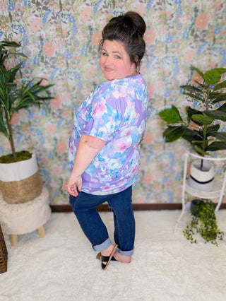 Kayla Short Sleeve Top in Lavender, Aqua + Pink Floral-1- ShortSlv/Slvless Tops-HEIMISH-Styled by Stacked - A Plus Size Women's Boutique in Lakeville, MN