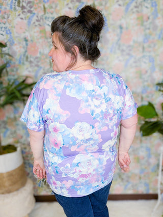 Kayla Short Sleeve Top in Lavender, Aqua + Pink Floral-1- ShortSlv/Slvless Tops-HEIMISH-Styled by Stacked - A Plus Size Women's Boutique in Lakeville, MN