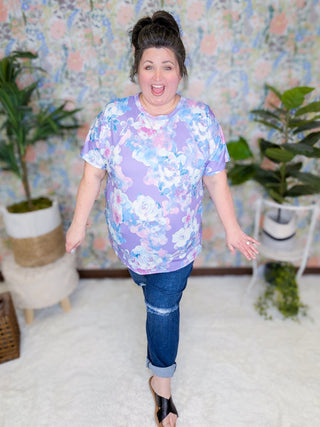 Kayla Short Sleeve Top in Lavender, Aqua + Pink Floral-1- ShortSlv/Slvless Tops-HEIMISH-Styled by Stacked - A Plus Size Women's Boutique in Lakeville, MN