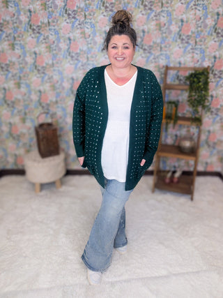 Kayla Sweater Cardigan in Polka Dot on Green-4- Overlayer Tops-MICHELLE MAE-Styled by Stacked - A Plus Size Women's Boutique in Lakeville, MN