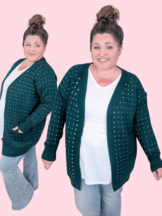 Kayla Sweater Cardigan in Polka Dot on Green-4- Overlayer Tops-MICHELLE MAE-Styled by Stacked - A Plus Size Women's Boutique in Lakeville, MN