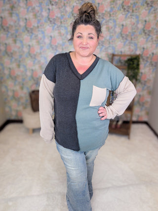 Kaylee V-neck Urban Ribbed Long Sleeve Colorblock Top (2 Colors)-2- Long Sleeve Tops-HEIMISH-Styled by Stacked - A Plus Size Women's Boutique in Lakeville, MN