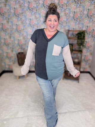 Kaylee V-neck Urban Ribbed Long Sleeve Colorblock Top (2 Colors)-2- Long Sleeve Tops-HEIMISH-Styled by Stacked - A Plus Size Women's Boutique in Lakeville, MN