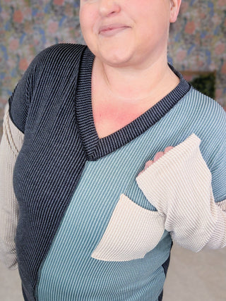 Kaylee V-neck Urban Ribbed Long Sleeve Colorblock Top (2 Colors)-2- Long Sleeve Tops-HEIMISH-Styled by Stacked - A Plus Size Women's Boutique in Lakeville, MN